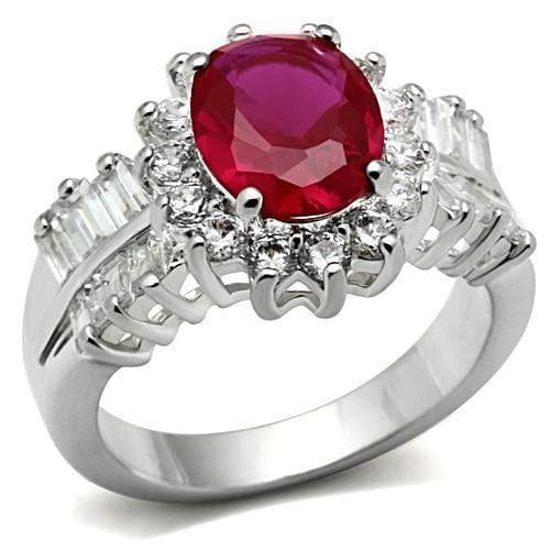 Sterling Silver Ruby Red Oval CZ Baguette Halo Cocktail Ring