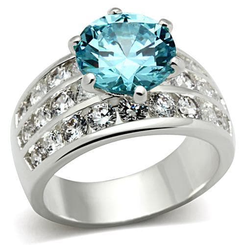 Sterling Silver Aqua Blue Round CZ Pave Multi Row Wide Band Ring