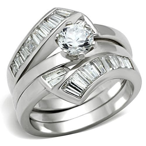 Sterling Silver CZ Round Baguette Channel Bridal Set Ring
