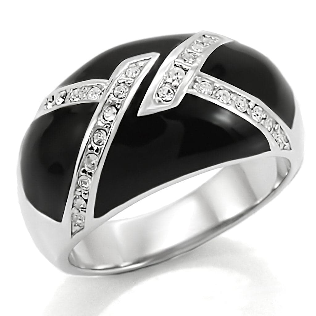 Stainless Steel Stainless Steel Black Enamel CZ Stripe Dome Ring