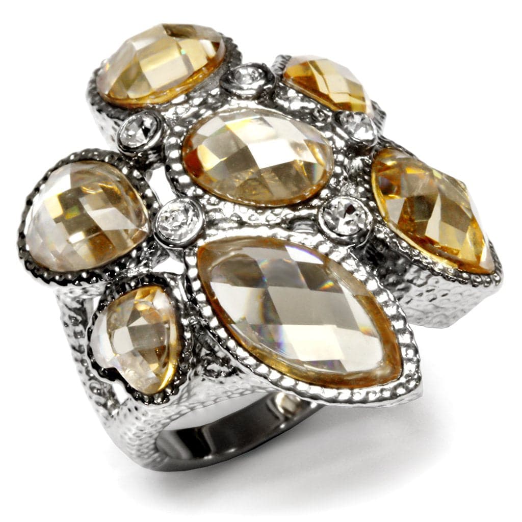 Stainless Steel Champagne CZ Faceted Cluster Cocktail Ring