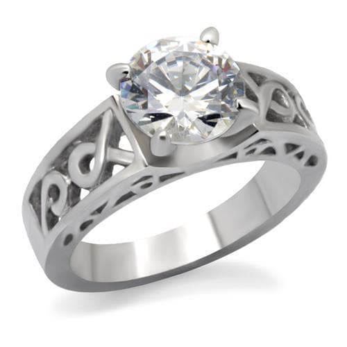 Stainless Steel CZ Round Solitaire Filigree Open Work Ring
