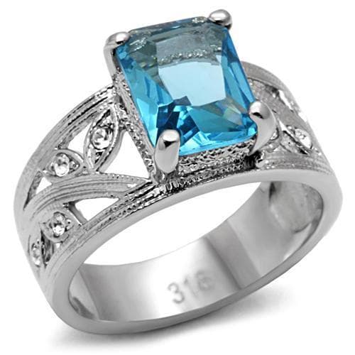 Stainless Steel Blue Emerald Cut Wide Band Milgrain Ring