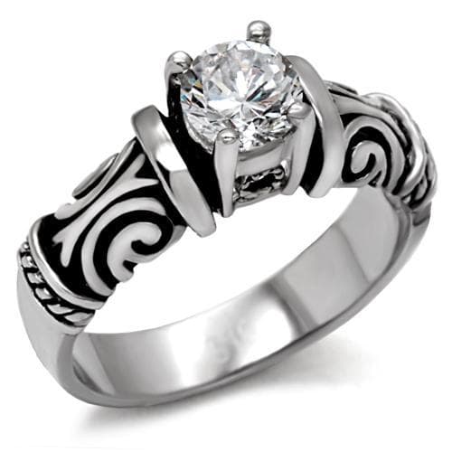 Stainless Steel CZ Round Solitaire Tribal Carved Band Ring