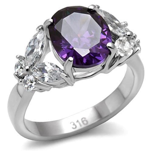 Stainless Steel Amethyst Oval CZ Marquise Three Stone Ring