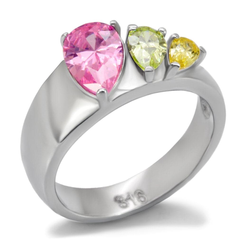 Stainless Steel Multi Color Pear Three Stone Ring
