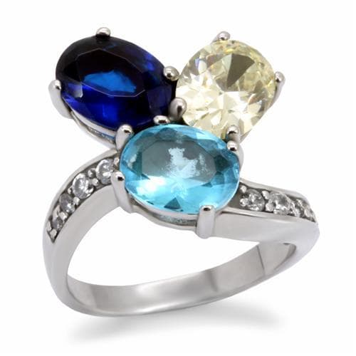 Stainless Steel Multi Color Oval Three Stone Pave Ring