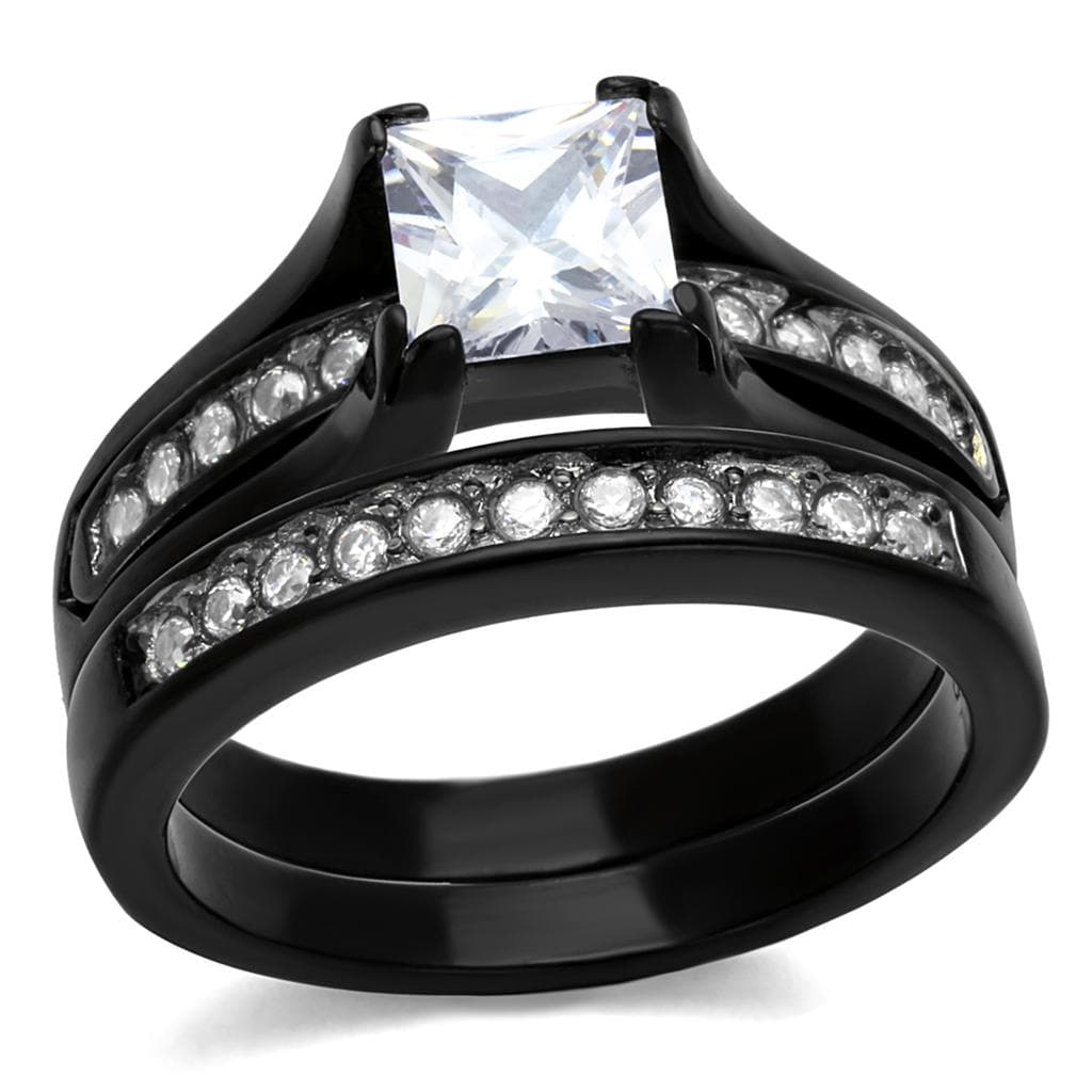 Stainless Steel Black CZ Princess Solitaire Channel Bridal Ring