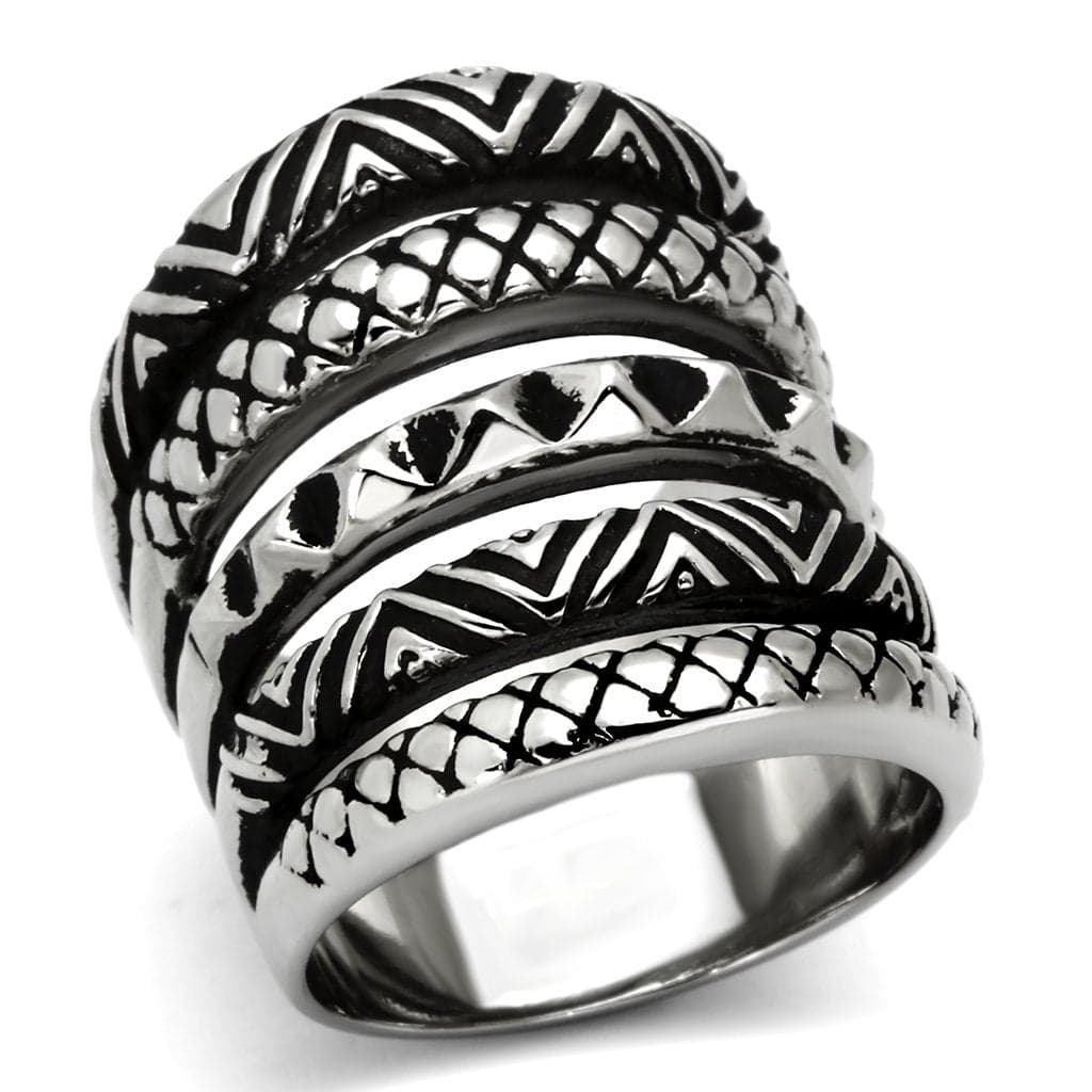 Stainless Steel Tribal Geometric Etched Wide Band Ring