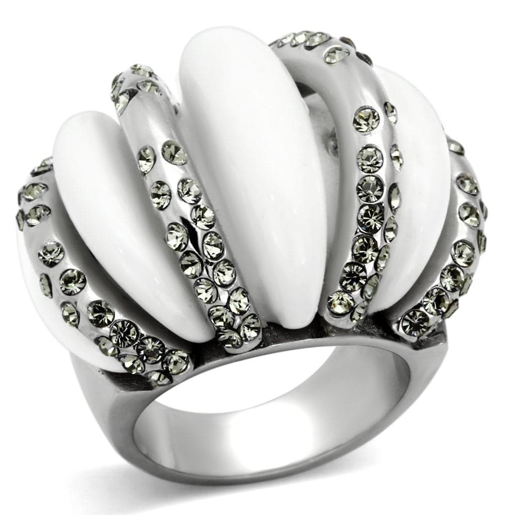Stainless Steel White Enamel CZ Stripe Dome Ring