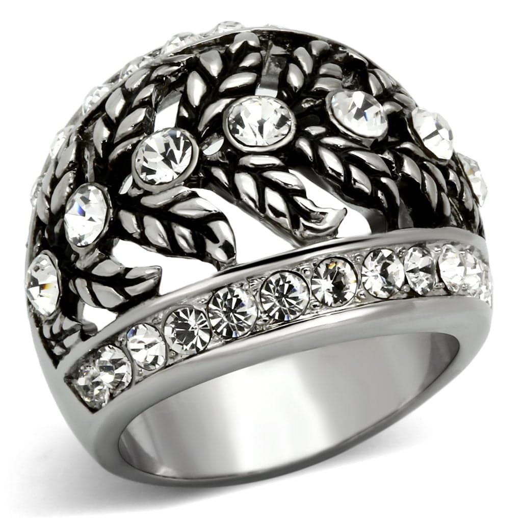 Stainless Steel Antiqued Leaf Pattern CZ Dome Ring