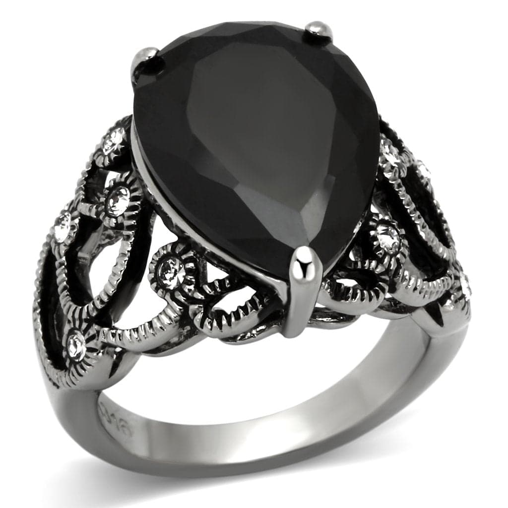 Stainless Steel Black Pear CZ Ornate Filigree Ring