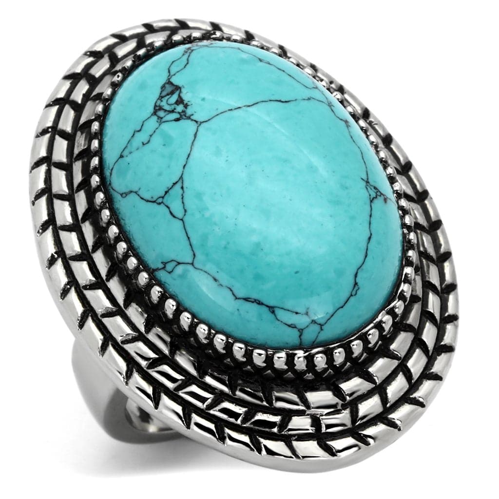 Stainless Steel Turquoise Oval Cabochon Rope Border Ring