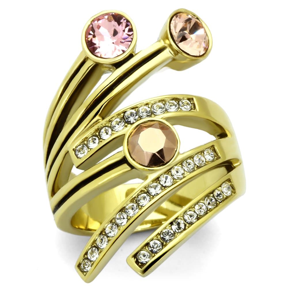 Stainless Steel Gold Peach Crystal Spiral Band Ring