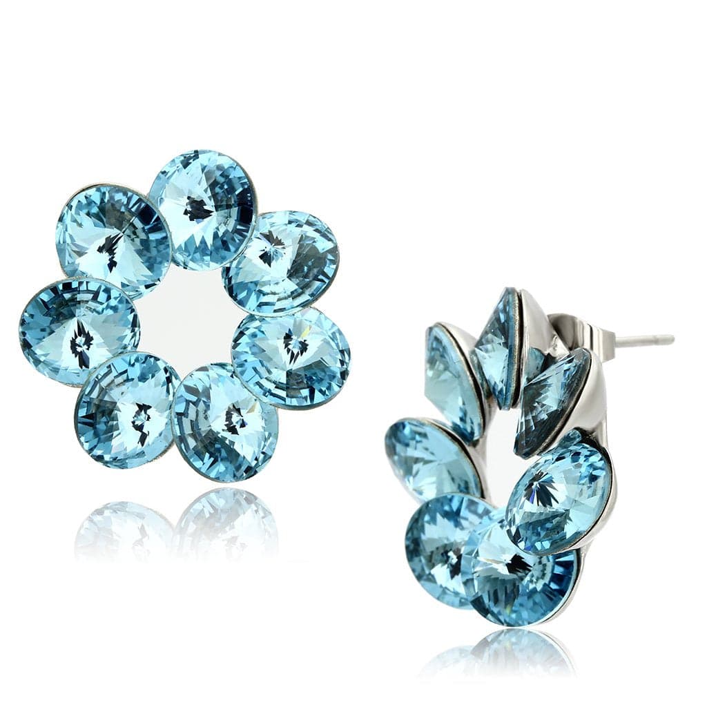 Stainless Steel Aqua Blue Crystal Flower Cluster Stud Earrings