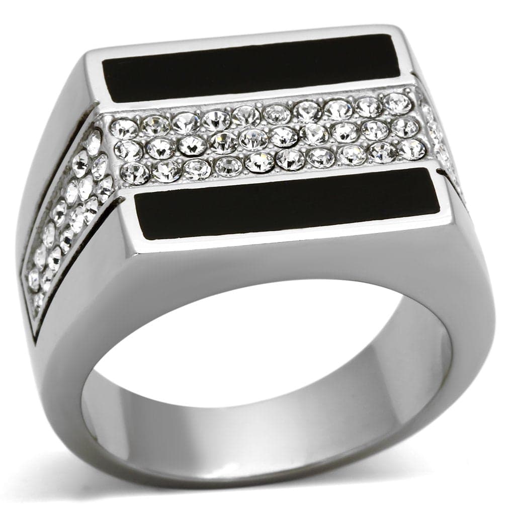 Stainless Steel Black Enamel CZ Pave Mens Signet Ring