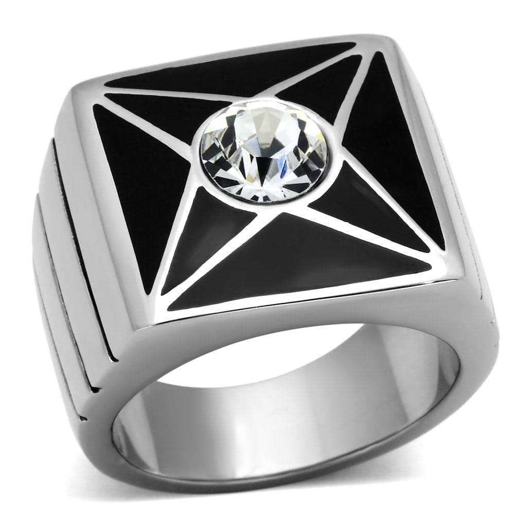Stainless Steel Black Enamel Star CZ Mens Signet Ring