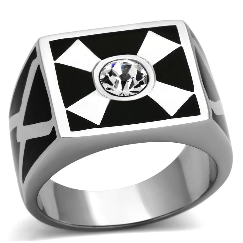 Stainless Steel Black Enamel Geometric CZ Mens Signet Ring