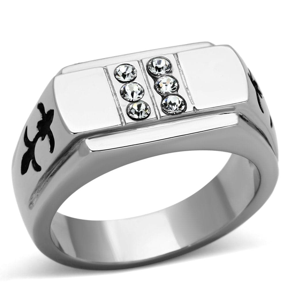 Stainless Steel CZ Cross Accent Rectangle Mens Signet Ring