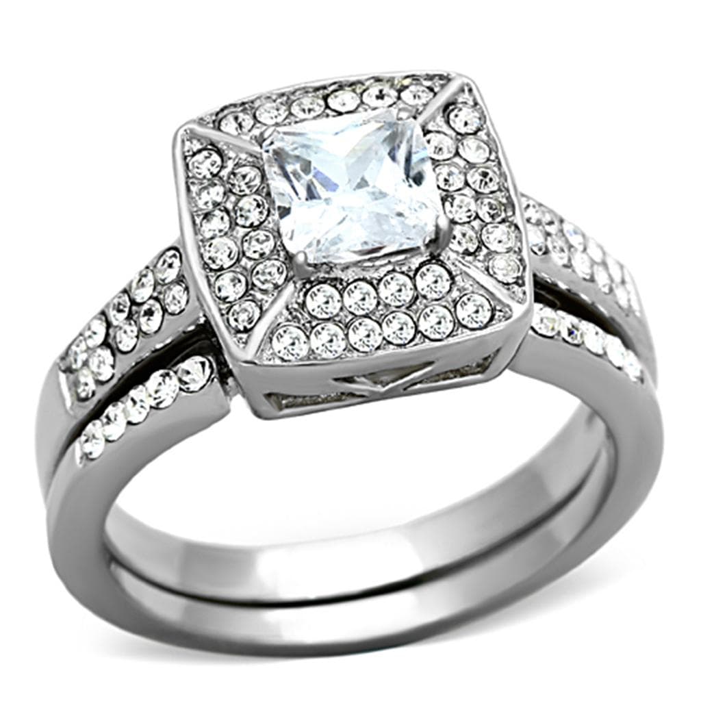 Stainless Steel CZ Cushion Halo Bridal Ring