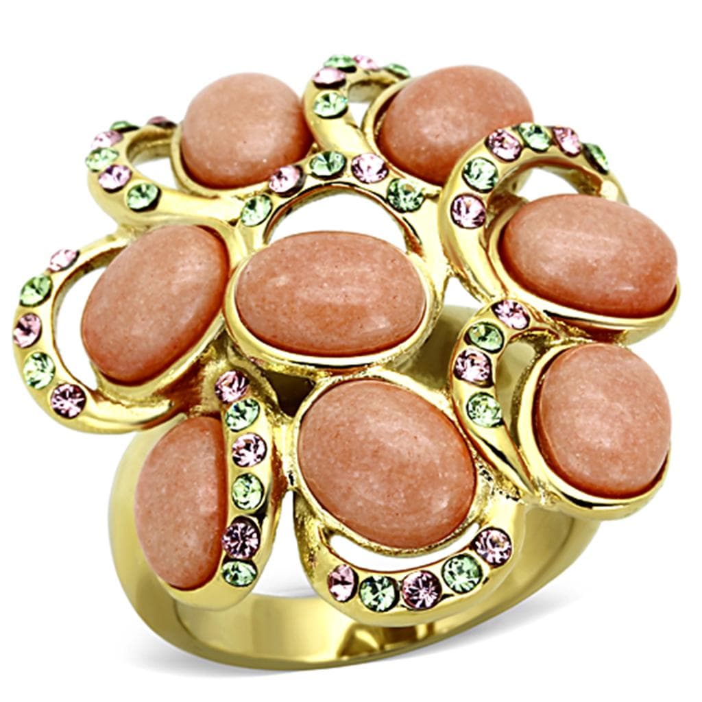Stainless Steel Gold Peach Cabochon Oval Cluster Flower Ring