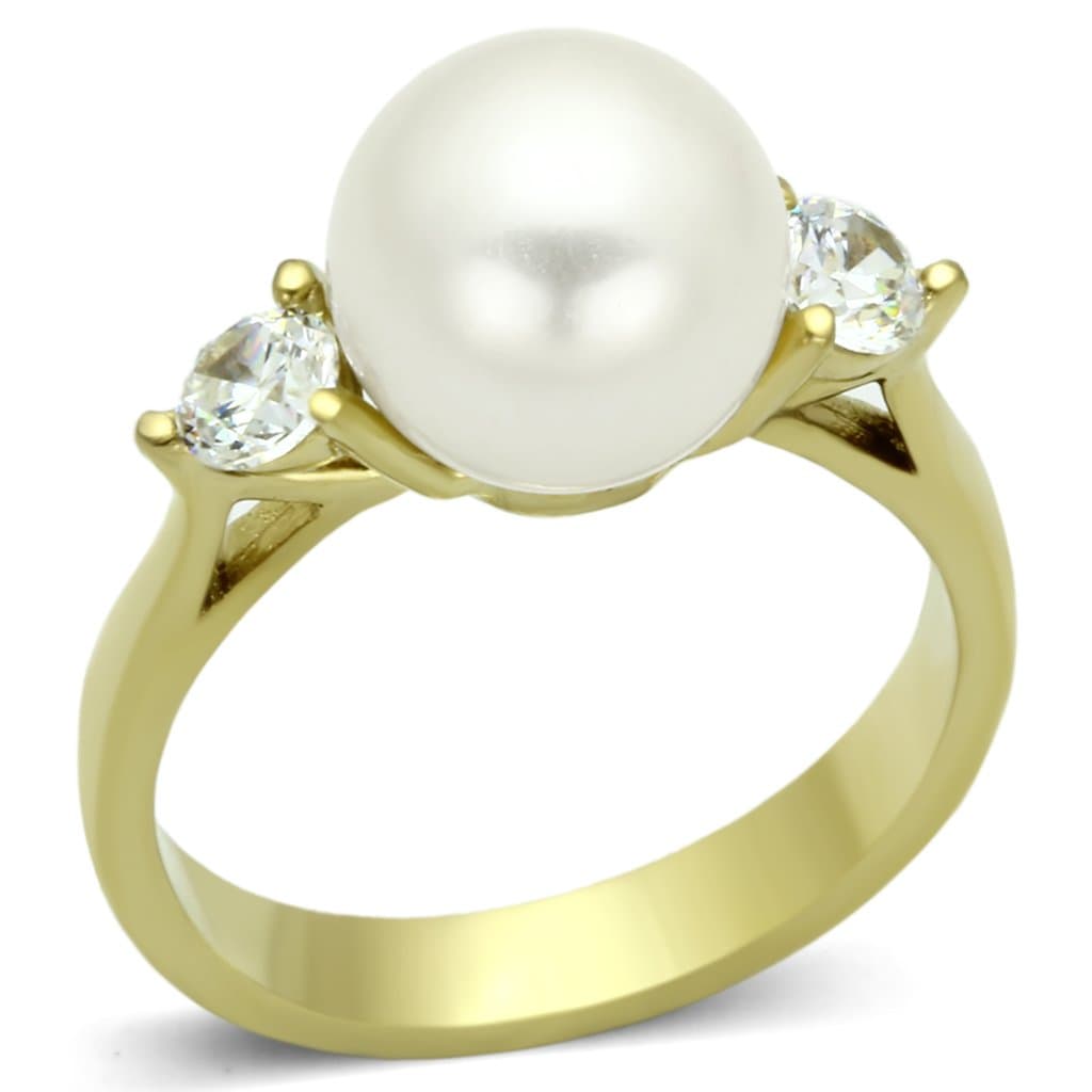 Stainless Steel White Pearl CZ Three Stone Ring