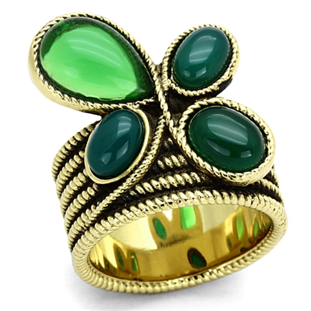 Stainless Steel Gold Green Cabochon Teardrop Trefoil Ring