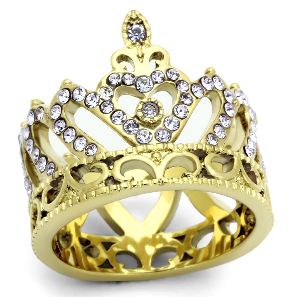 Stainless Steel Gold CZ Crystal Crown Tiara Ring
