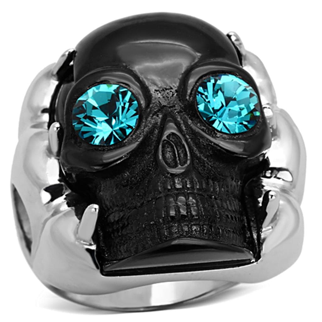Stainless Steel Black Skull Aqua Blue CZ Eyes Ring