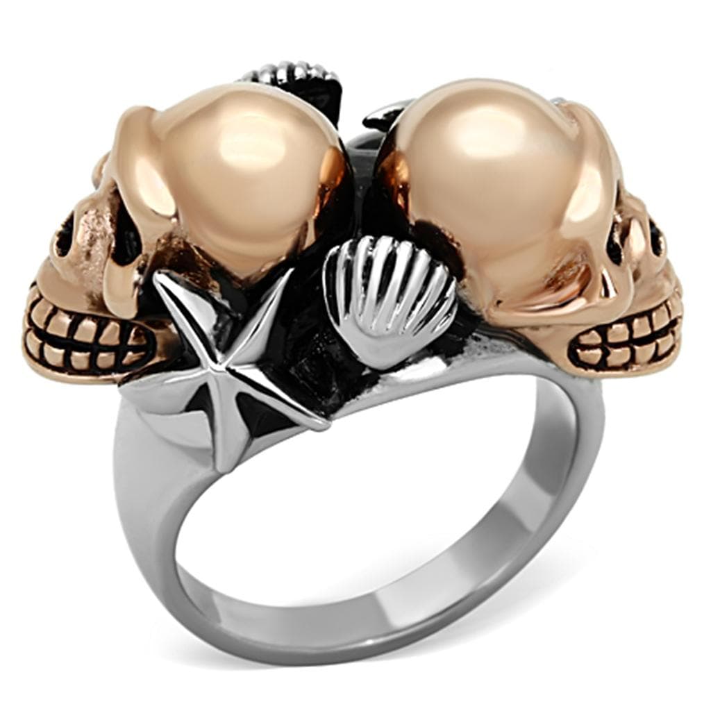 Stainless Steel Rose Gold Dual Skull Star Shell Ring