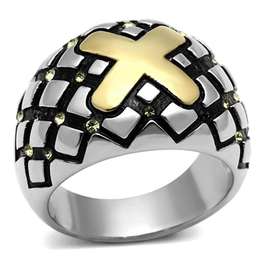 Stainless Steel Gold Cross Black Lattice Dome Ring