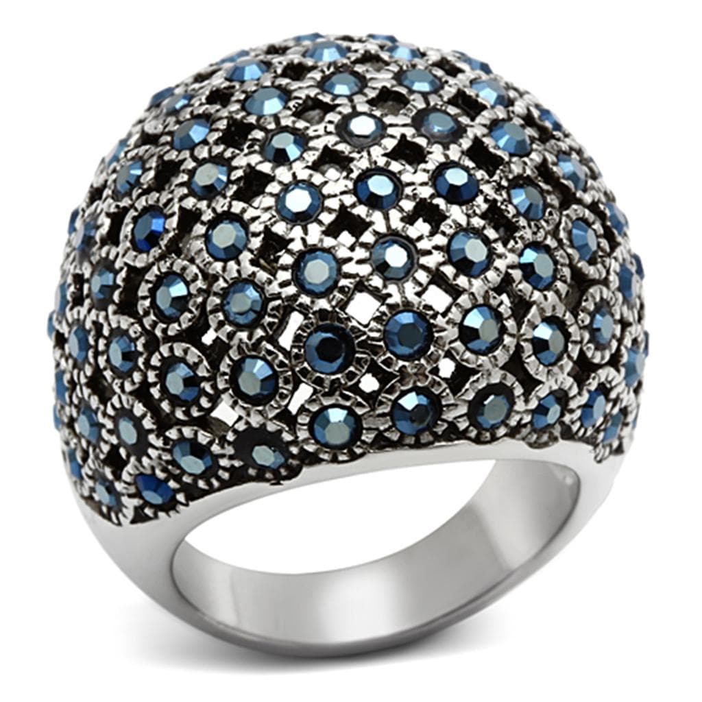 Stainless Steel Blue Multi Crystal Pave Dome Ring