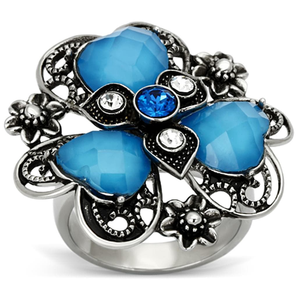 Stainless Steel Turquoise Blue Cabochon Flower Antiqued Ring