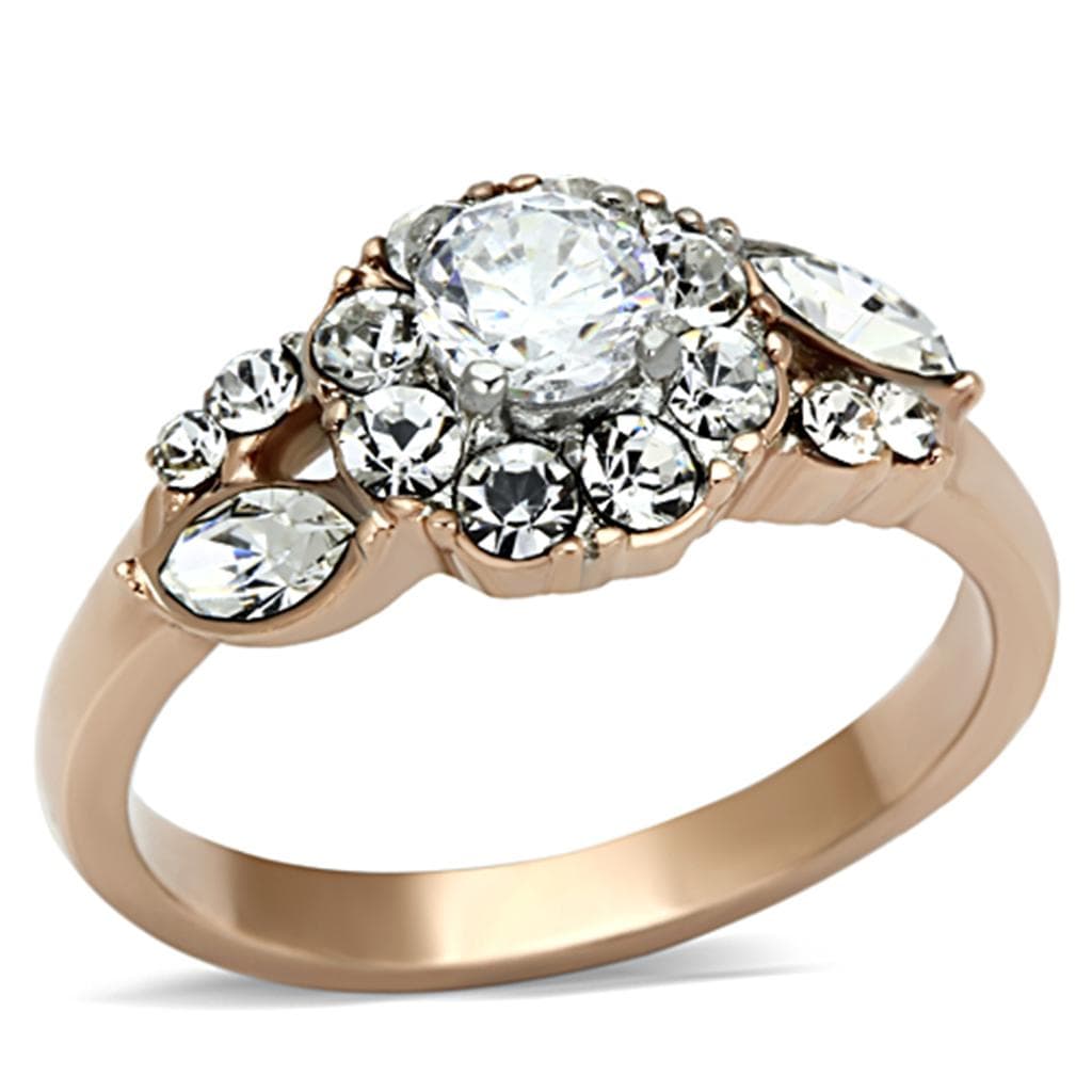Stainless Steel Rose Gold CZ Round Marquise Cluster Ring
