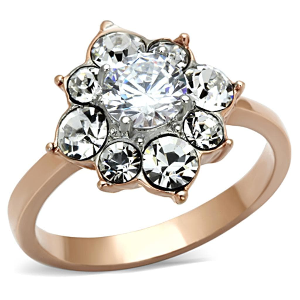Stainless Steel Rose Gold CZ Round Flower Cluster Ring