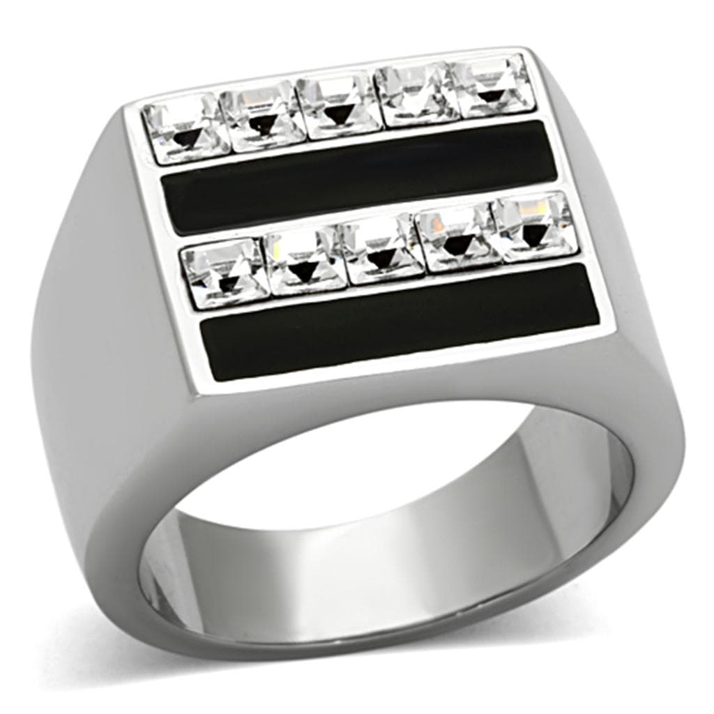 Stainless Steel Black Onyx CZ Double Row Mens Signet Ring