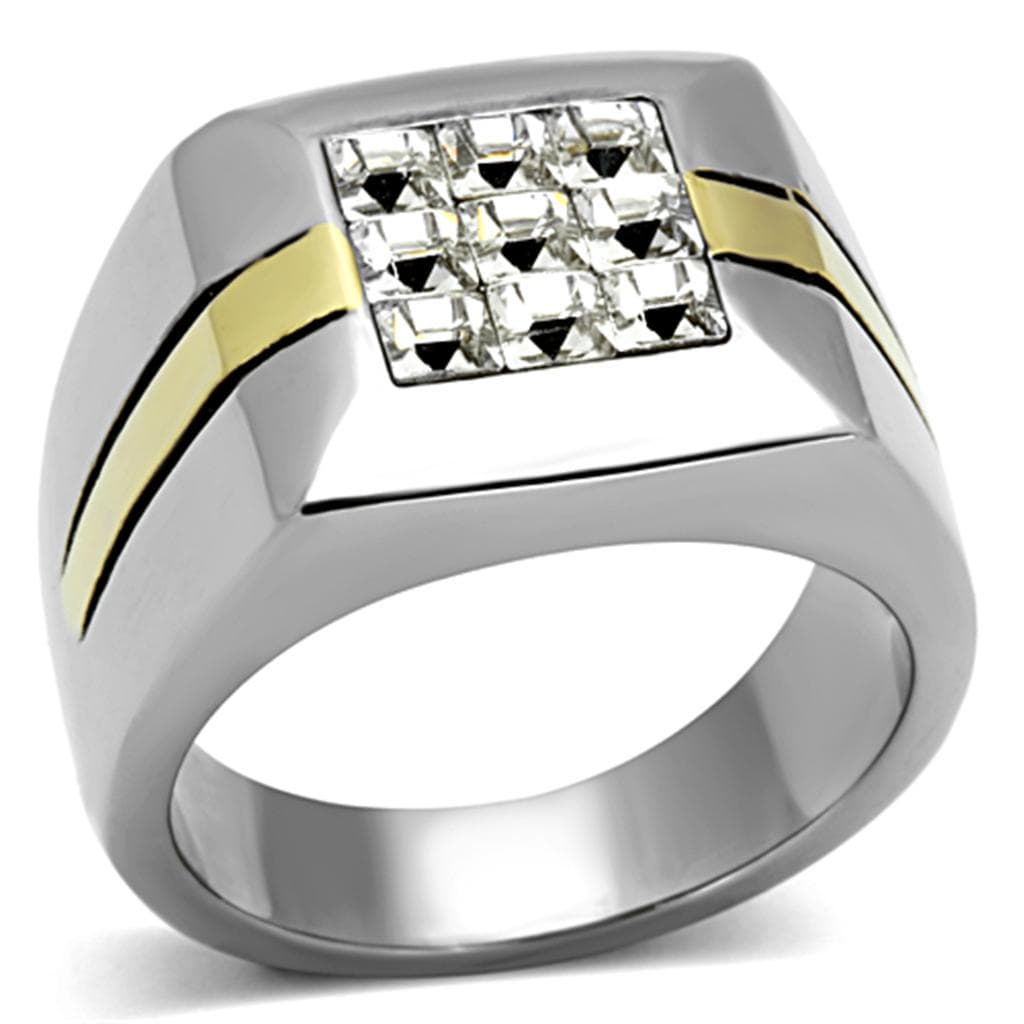 Stainless Steel Two Tone CZ Grid Mens Signet Ring