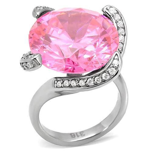 Stainless Steel Pink CZ Oversized Oval Pave Accent Ring