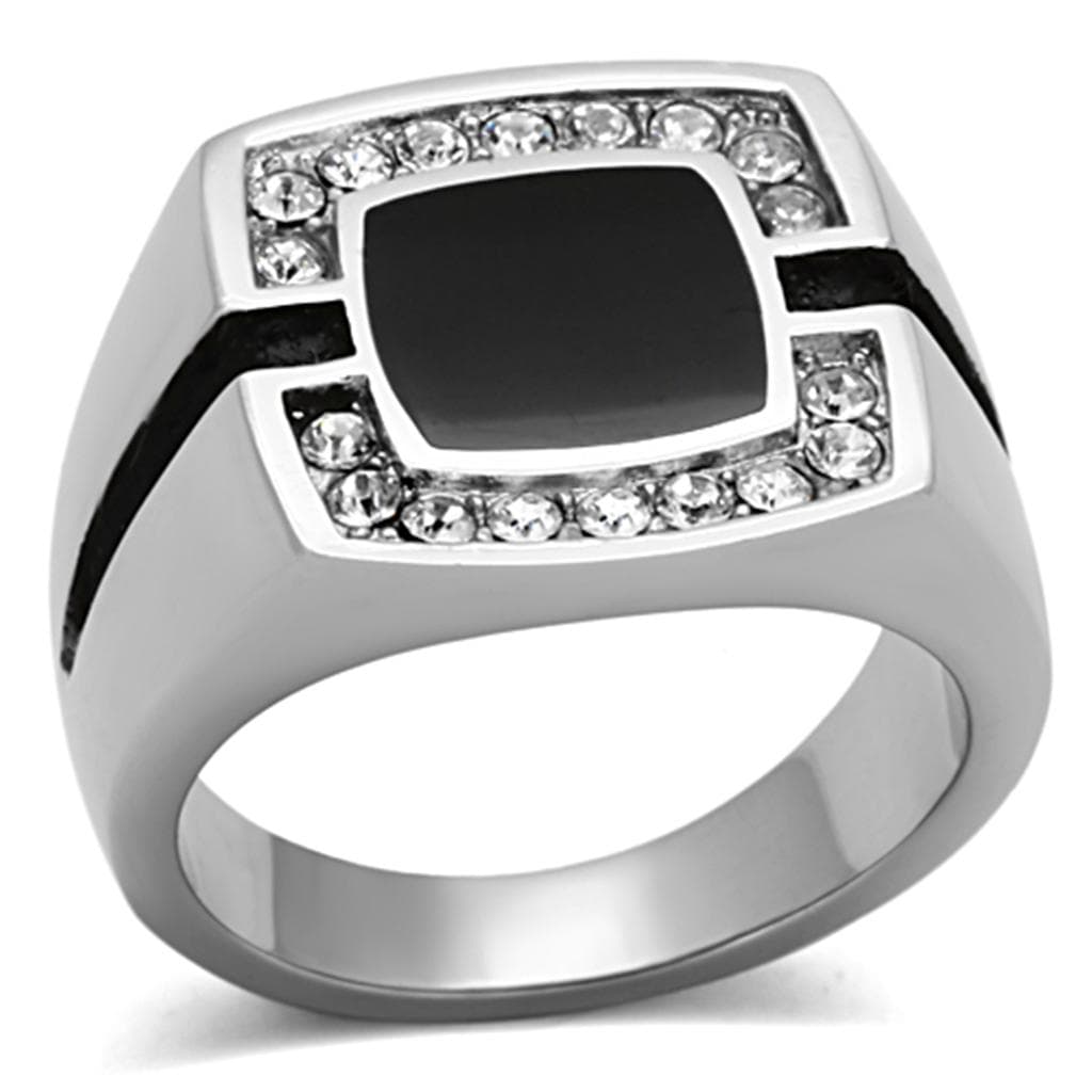 Stainless Steel Black Onyx CZ Pave Square Mens Signet Ring