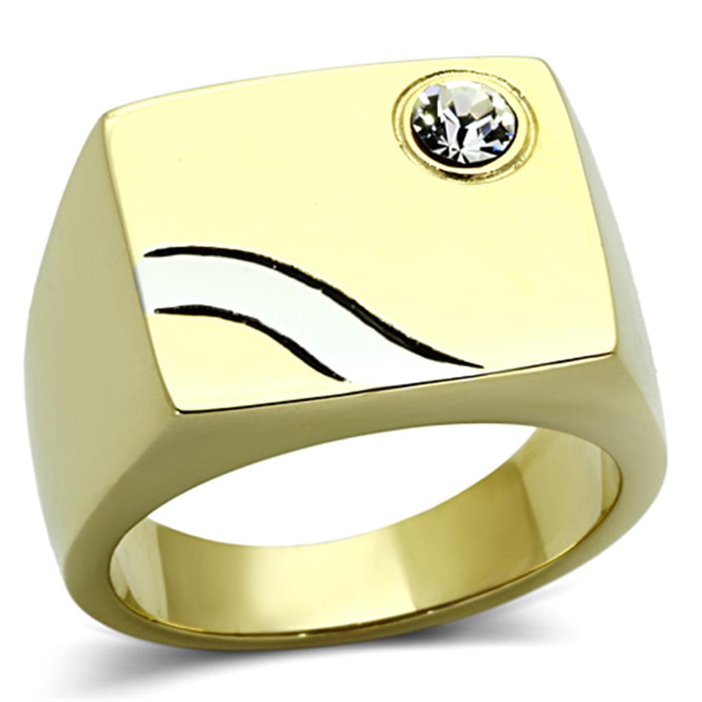 Stainless Steel Gold Polished CZ Bezel Wave Mens Signet Ring