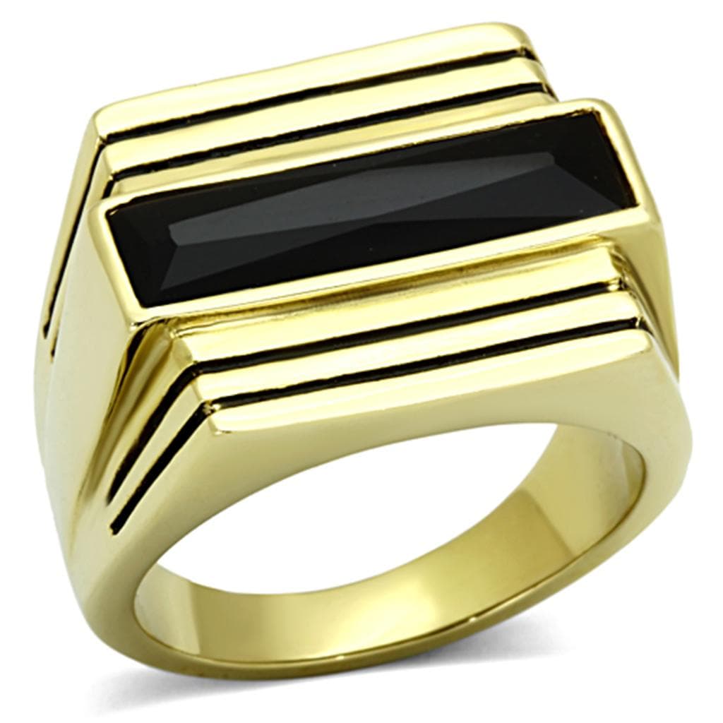 Stainless Steel Gold Black Onyx Rectangle Stripe Mens Signet Ring