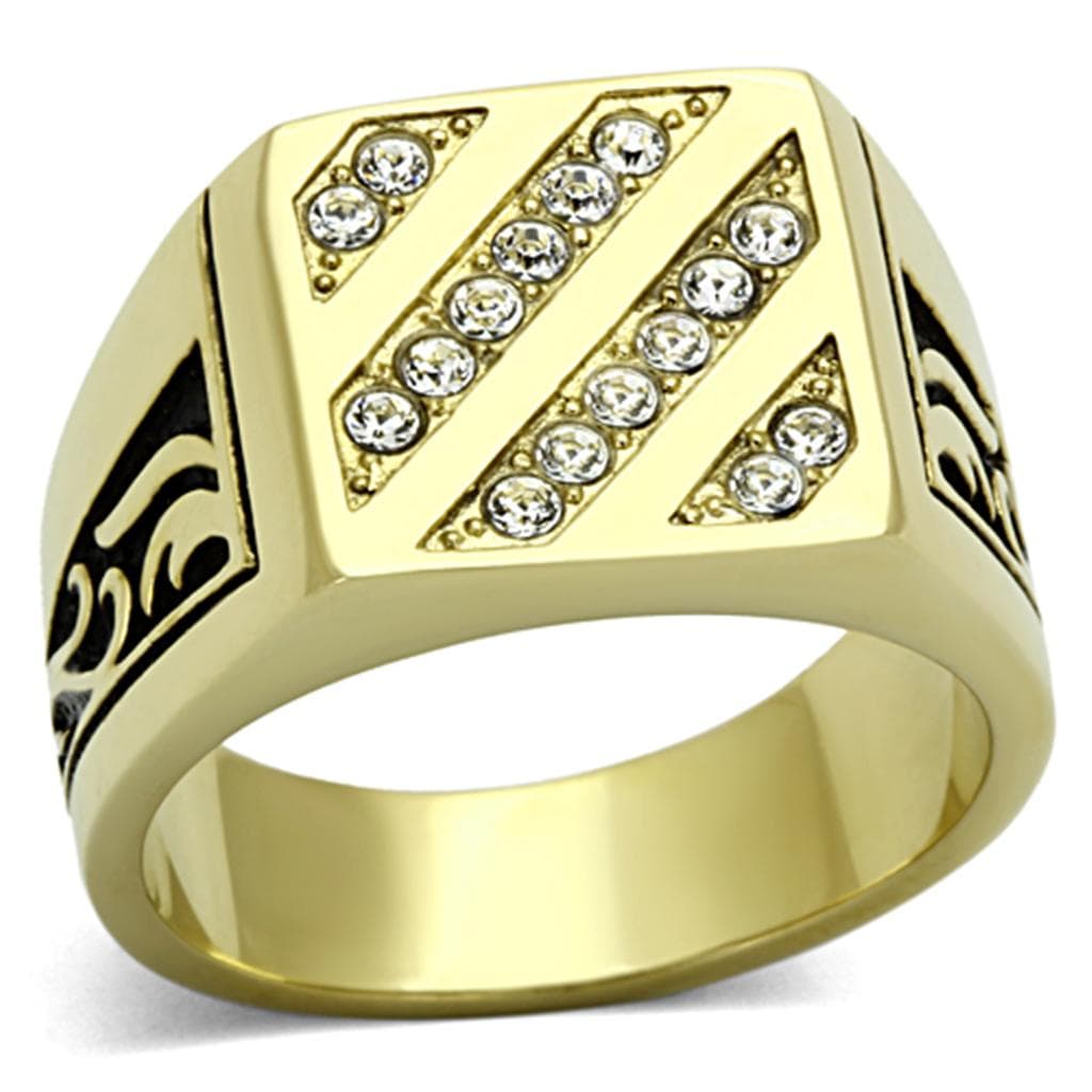 Stainless Steel Gold CZ Diagonal Stripe Scroll Mens Signet Ring