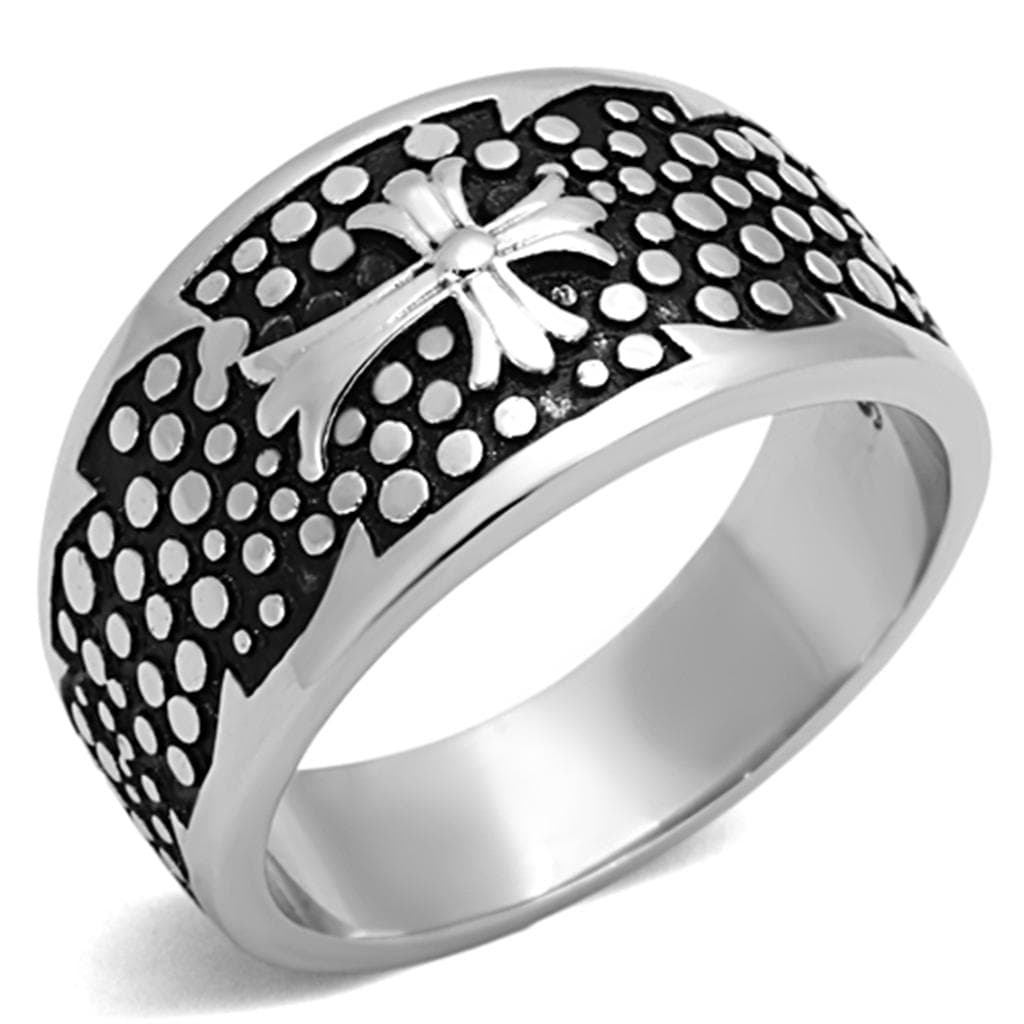 Stainless Steel Antiqued Textured Cross Dome Mens Band Ring