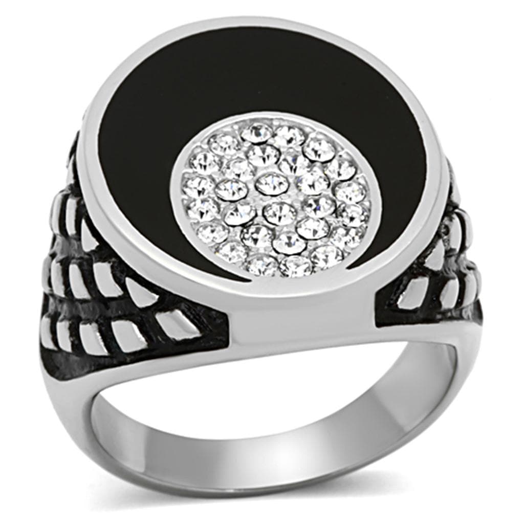 Stainless Steel Black Onyx CZ Pave Circle Eagle Wing Mens Ring