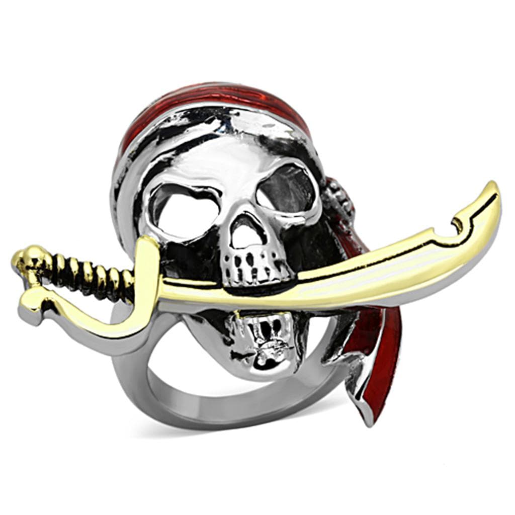 Stainless Steel Pirate Skull Red Bandana Gold Sword Ring