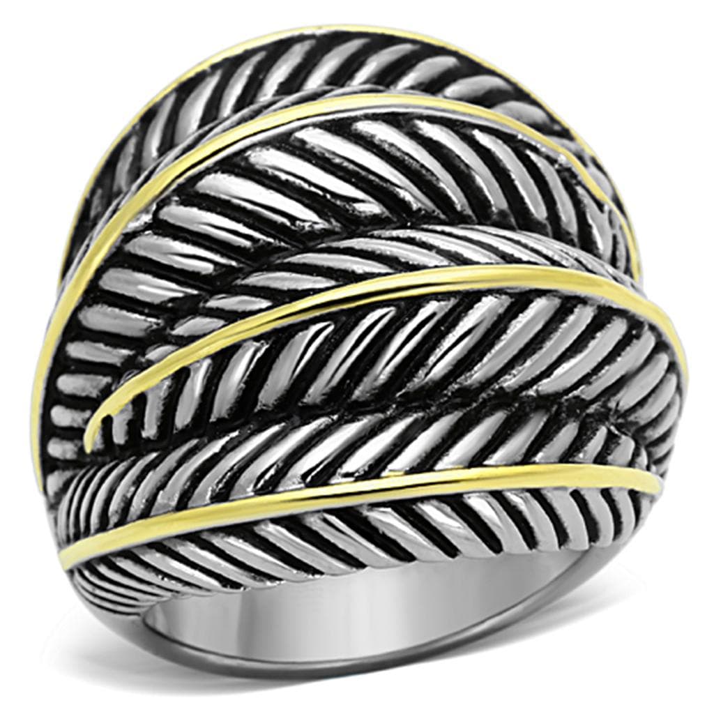 Stainless Steel Two Tone Gold Silver Feather Wrap Dome Ring