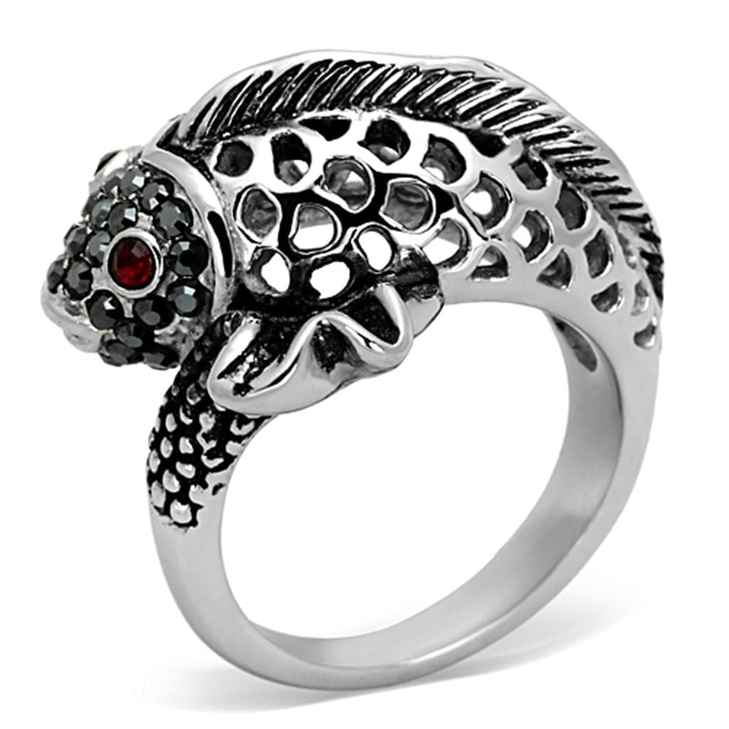 Stainless Steel Antiqued Skull Feather Wing Red CZ Ring