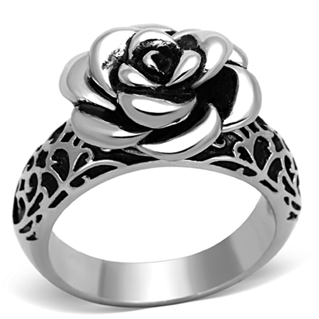 Stainless Steel Antiqued Rose Flower Filigree Dome Ring