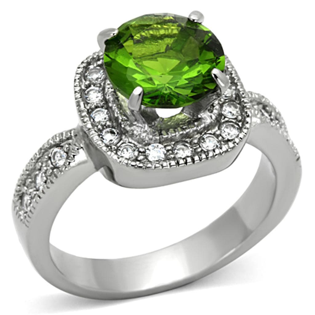 Stainless Steel Green Peridot Round CZ Halo Ring