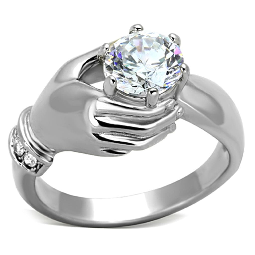 Stainless Steel CZ Round Solitaire Claddagh Hands Ring